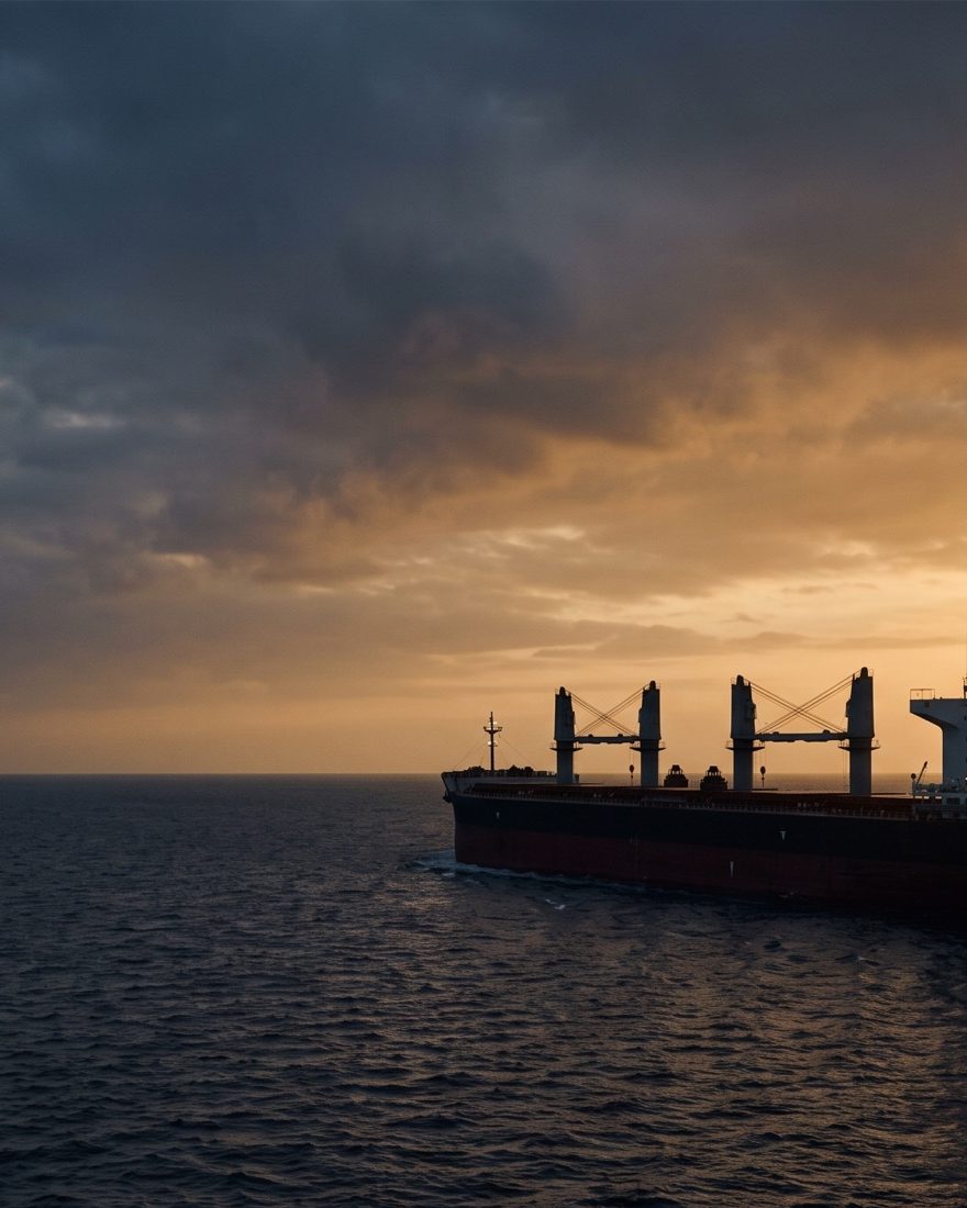 Cargo vessel under way on open sea at sunset