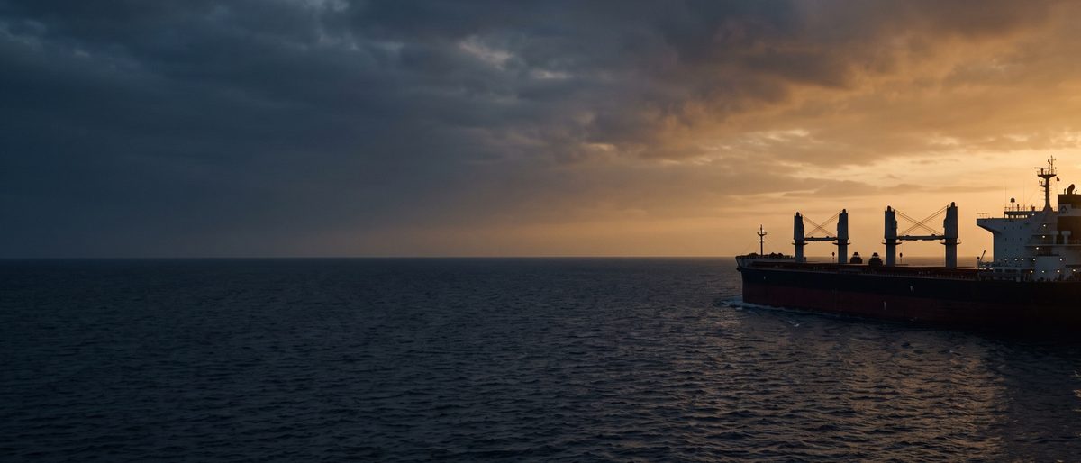 Open sea at dusk with a vessel on passage