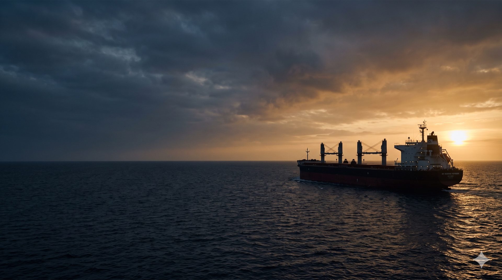 Bulk carrier under way on open sea at sunset