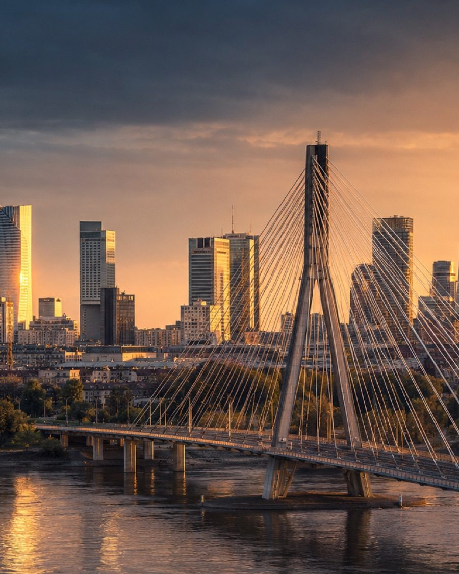 City skyline and river bridge at dusk