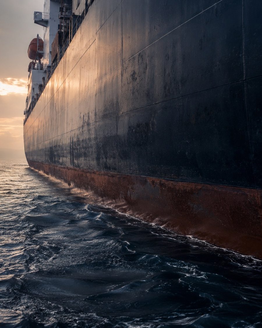 Vessel superstructure and hull seen from a workboat alongside