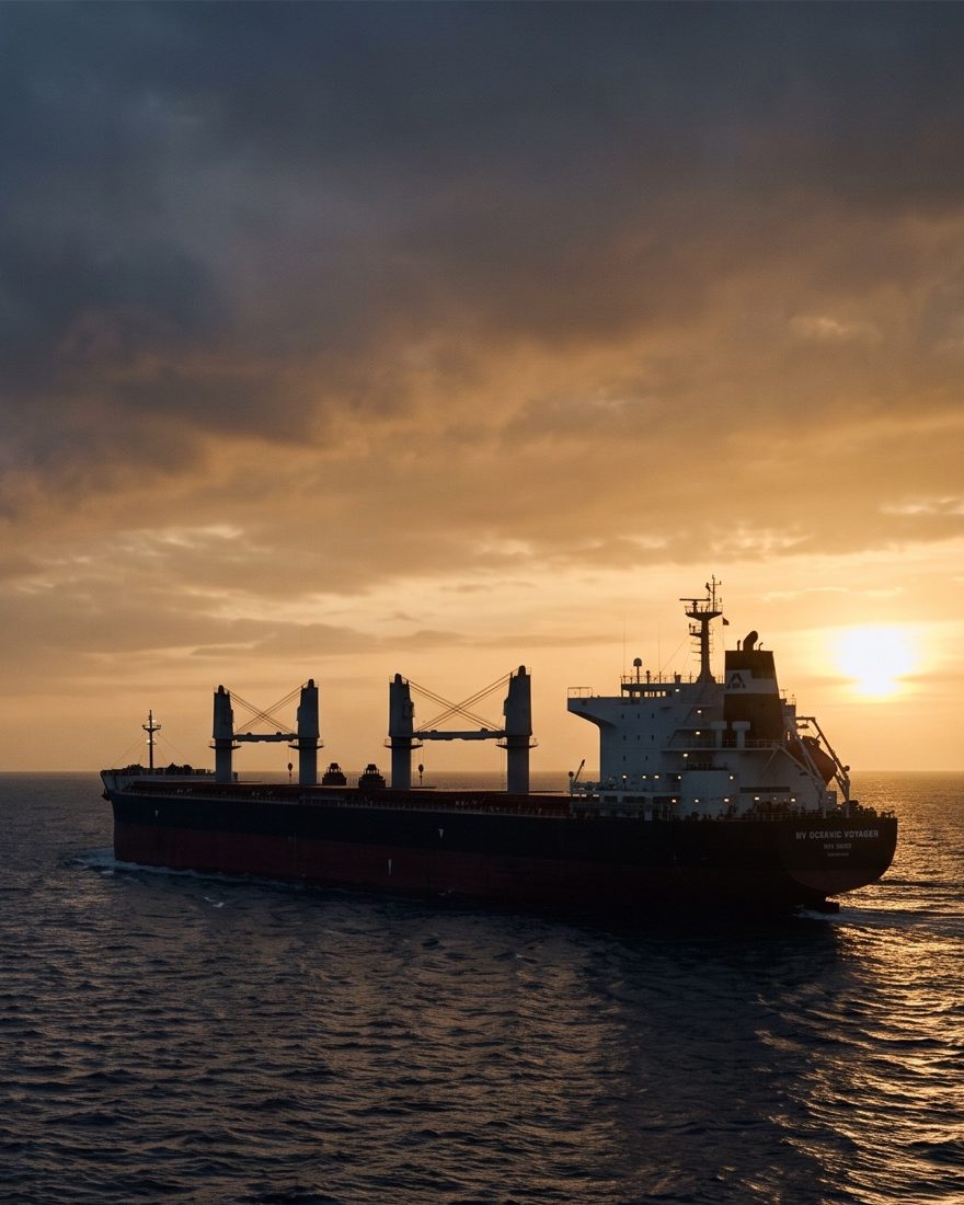 Geared bulk carrier under way at sunset