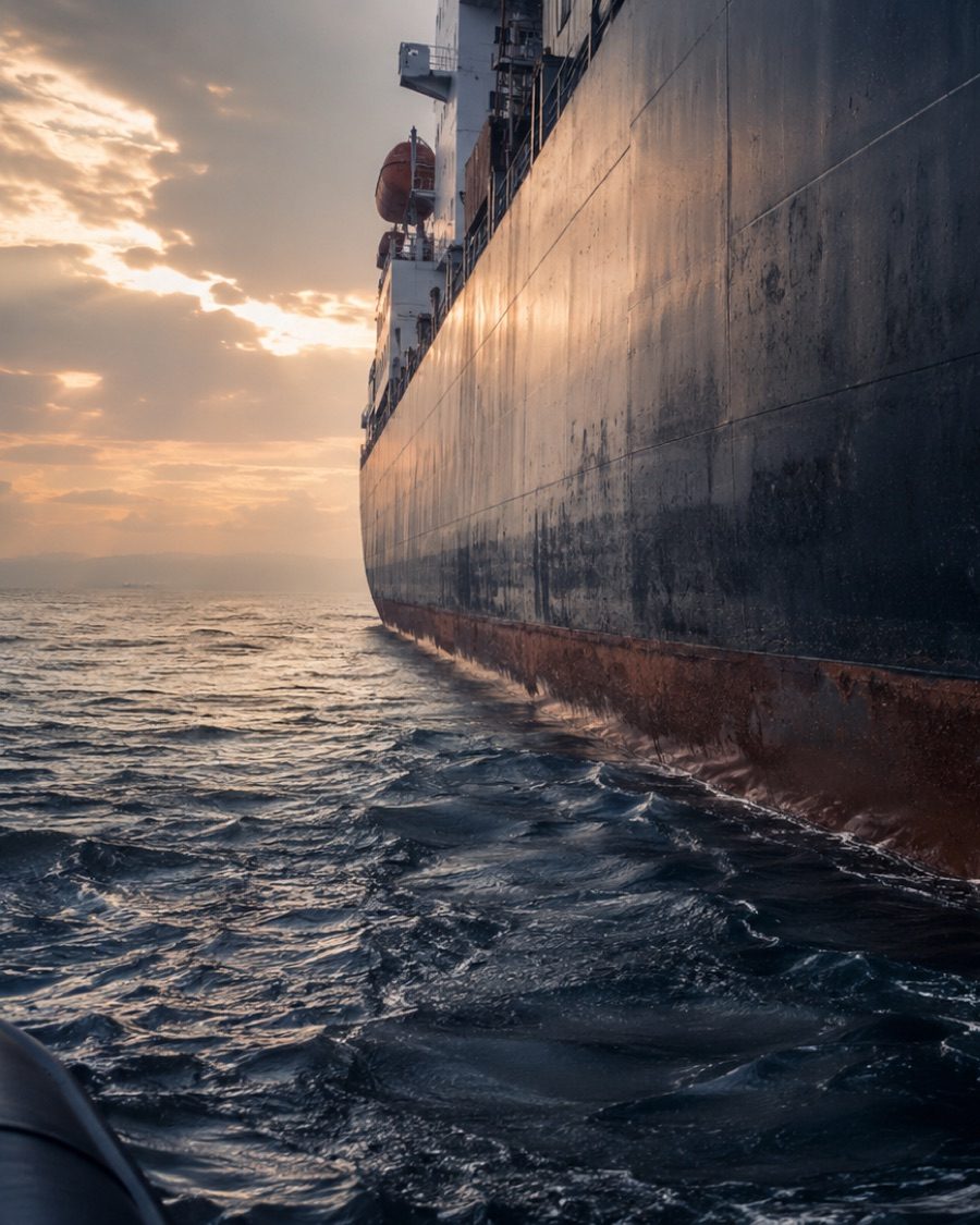 Workboat alongside a vessel's hull at the waterline
