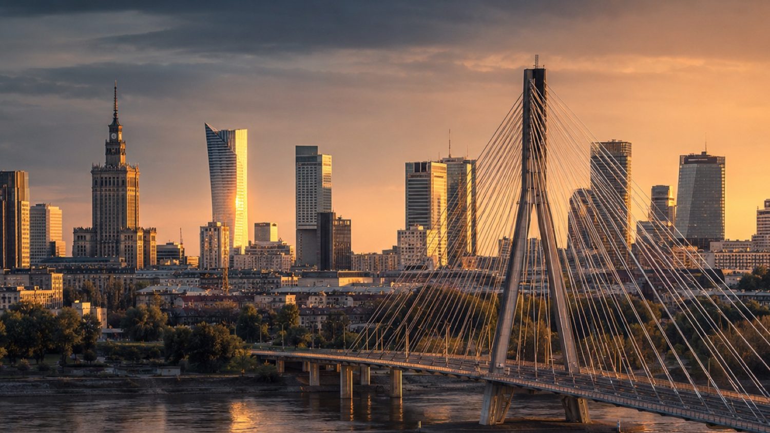 City skyline and river bridge at dusk