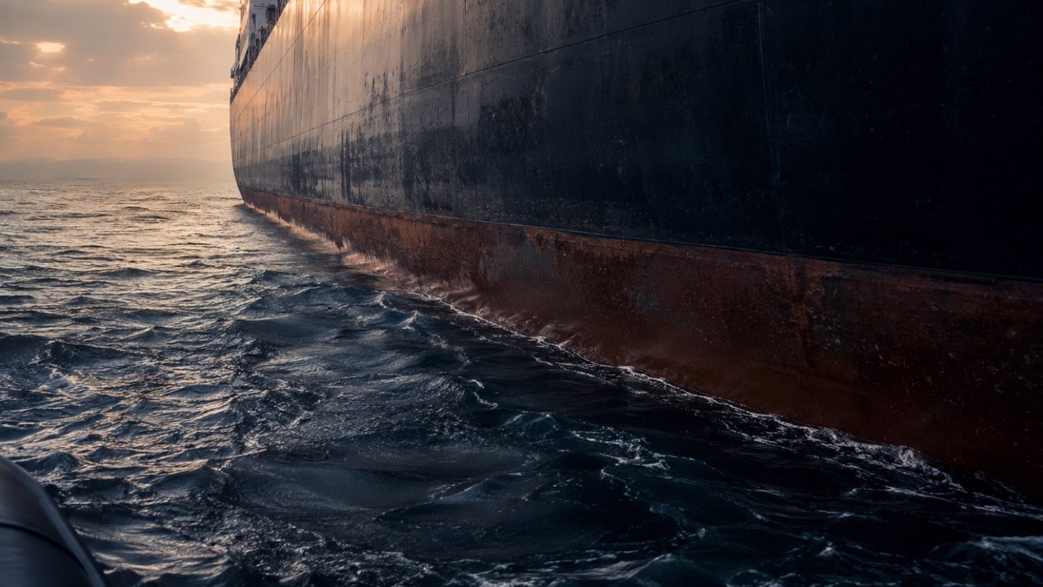 Vessel superstructure and hull seen from a workboat alongside