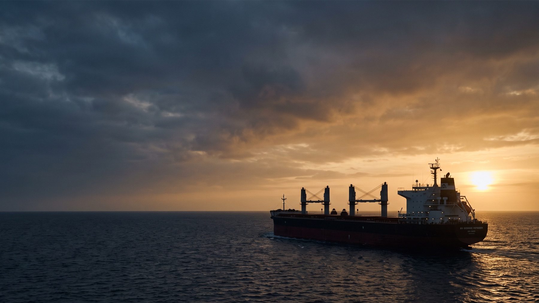Geared bulk carrier under way at sunset