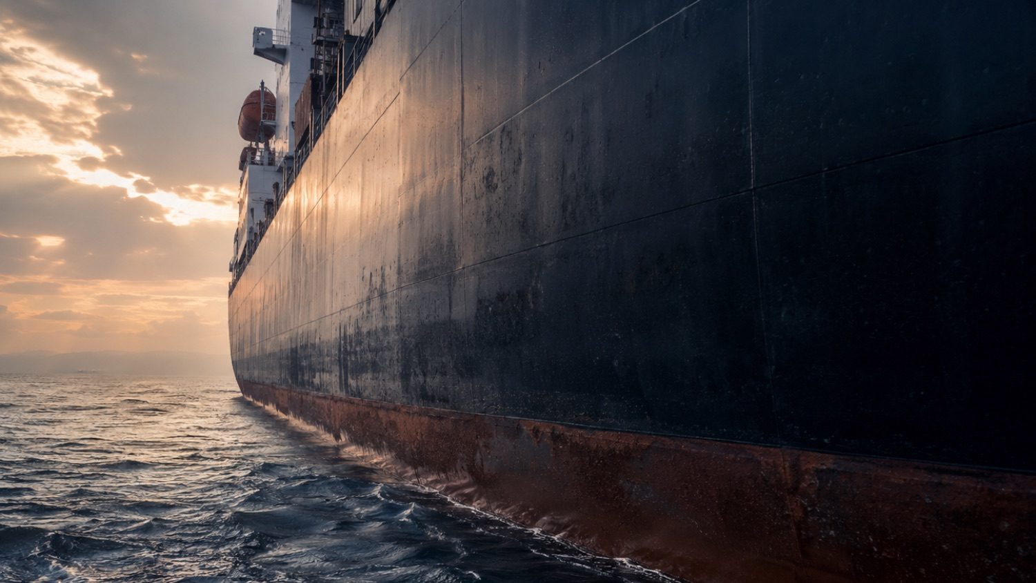 Workboat alongside a vessel's hull at the waterline